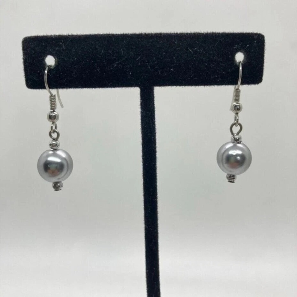 Fashion Gray Faux Pearl Dangle Earrings Silver Tone‎ Fishhook Drop Jewelry